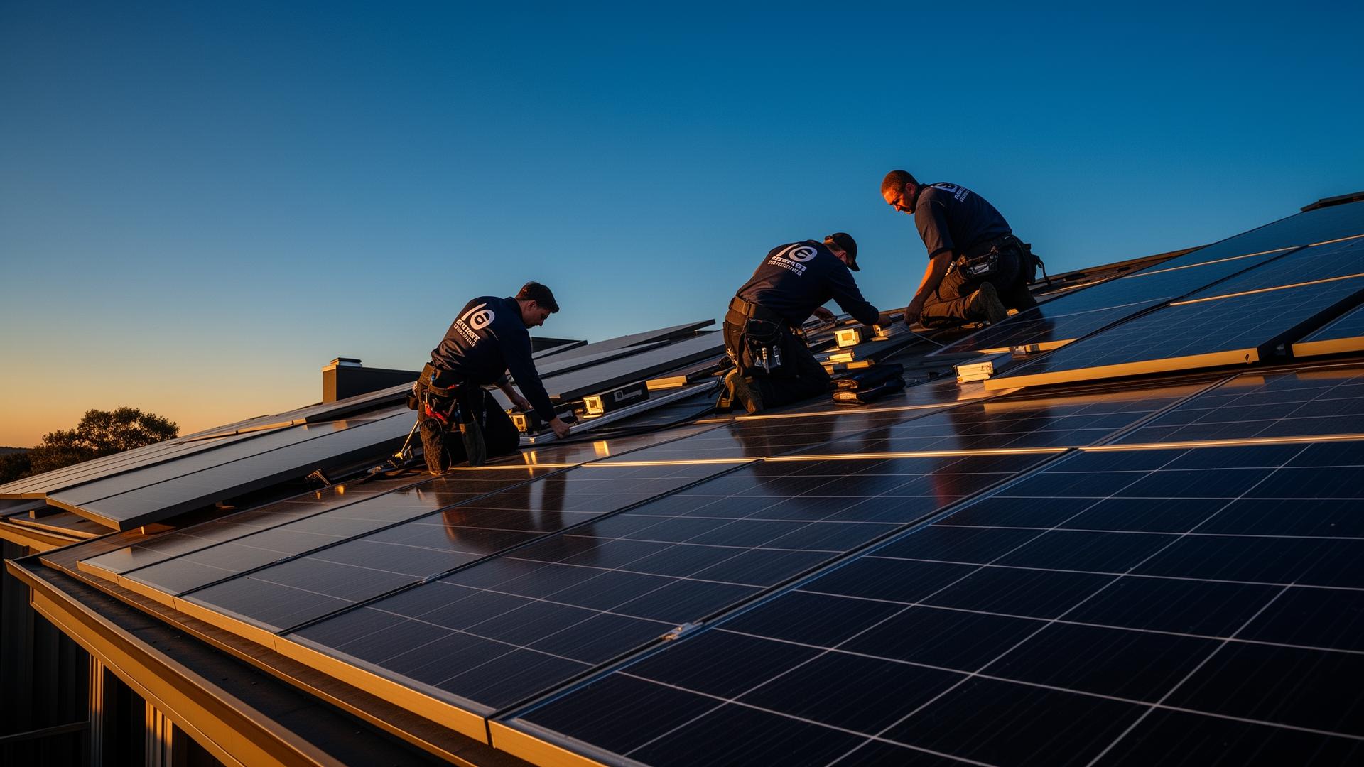 Instalação de painéis solares ao pôr do sol